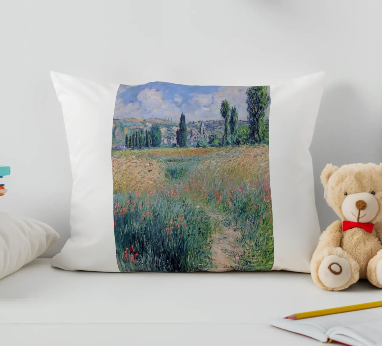 poppies meadow countryside idyllic claude monet decorative cushion by belong shop