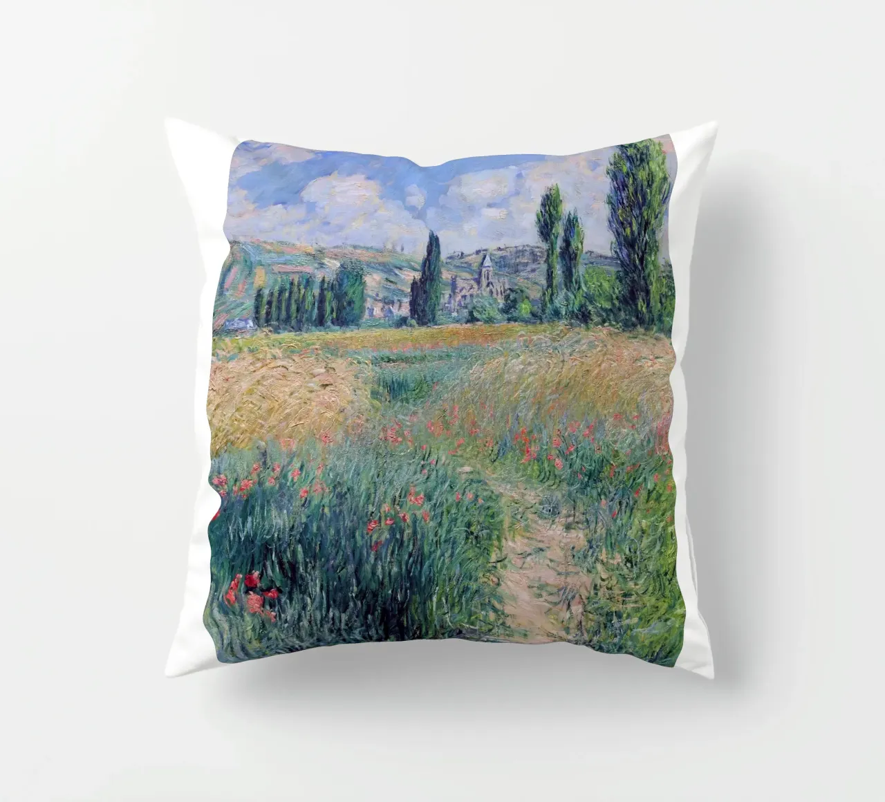 poppies meadow countryside idyllic claude monet decorative cushion by belong shop