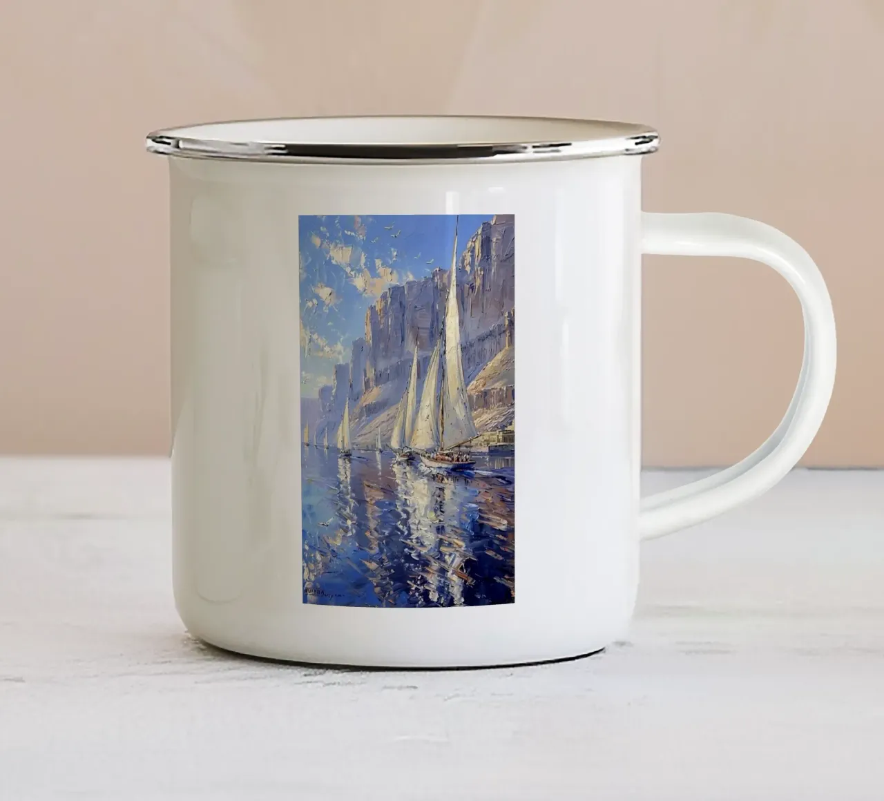 vedere le bellissime barche a vela e le scogliere di claude monet tazza in smalto da belong shop