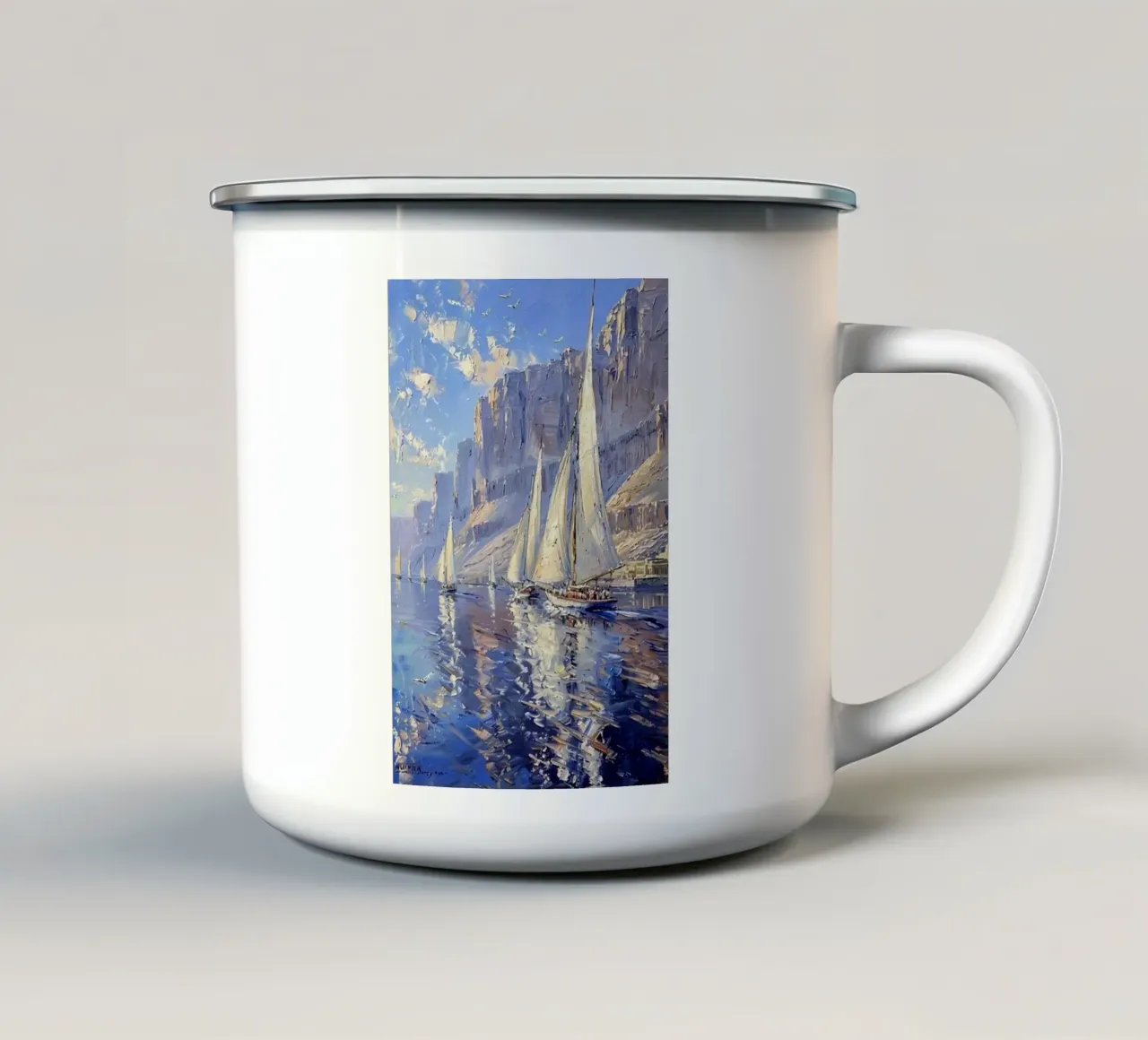 vedere le bellissime barche a vela e le scogliere di claude monet tazza in smalto da belong shop