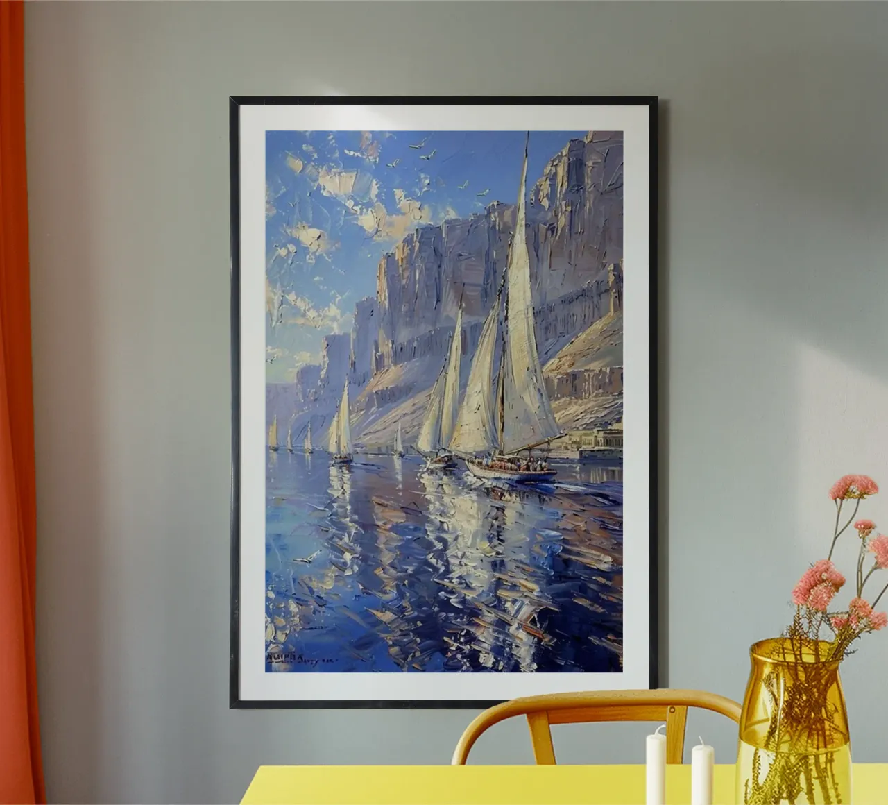 vedere le bellissime barche a vela e le scogliere di claude monet poster con telaio in alluminio da belong shop