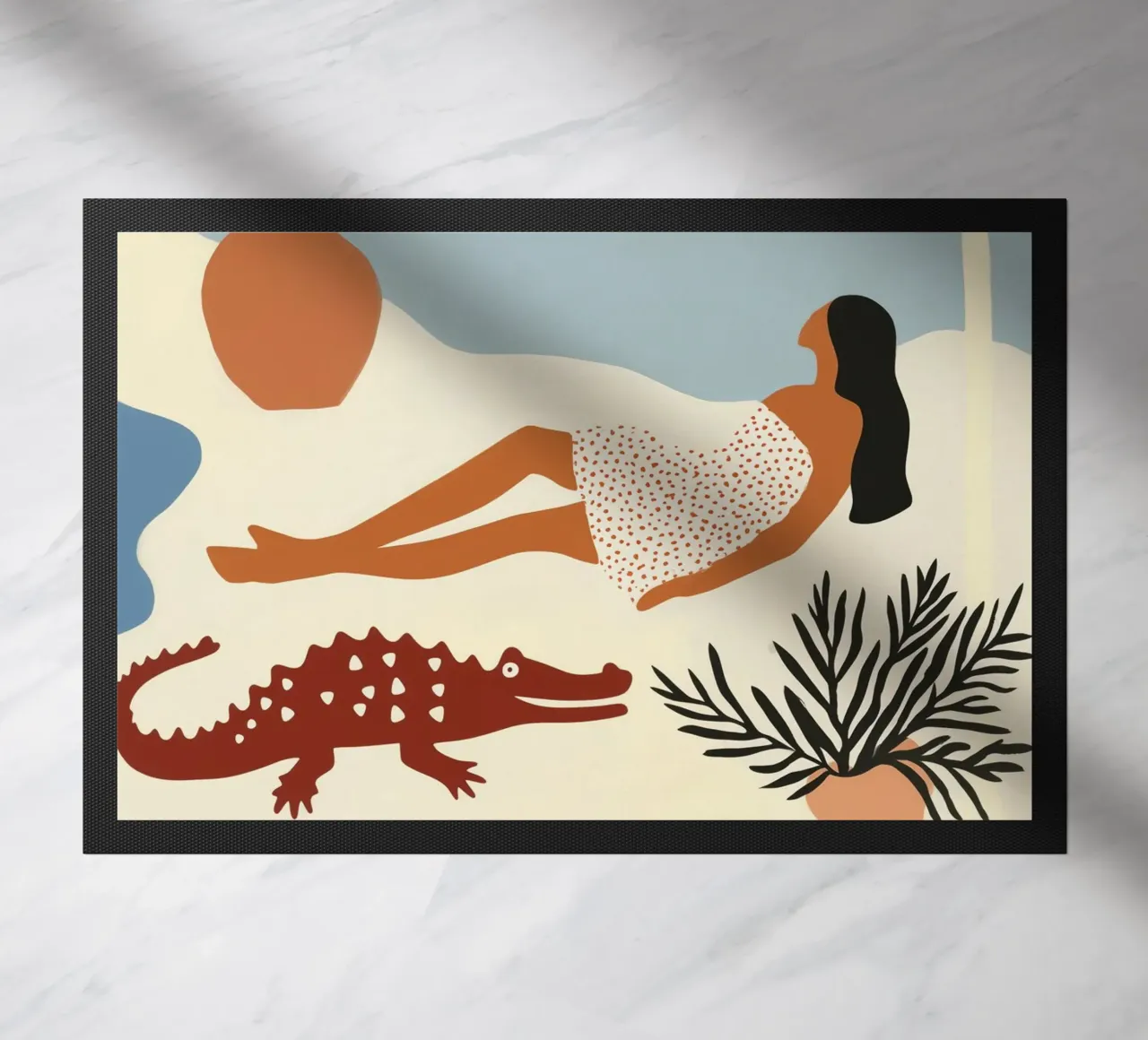 Evening falls by the pool | Naive holiday fantasy doormat by Autofocus