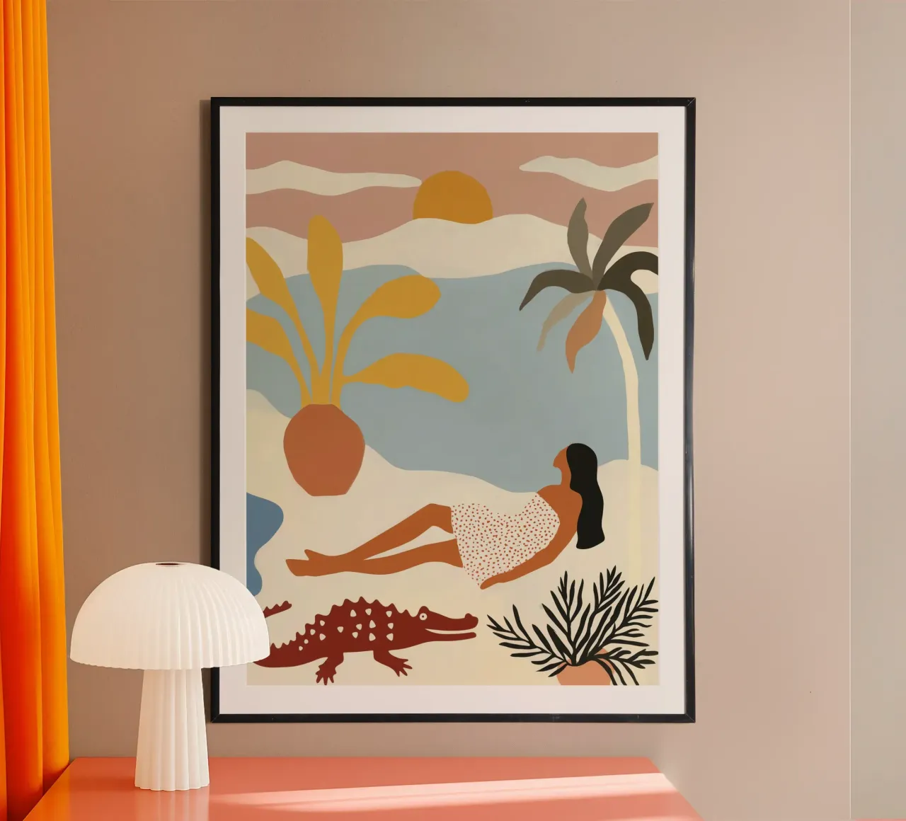 Es wird Abend am Pool | Naive Urlaubsfantasie Poster mit Holzrahmen von Autofocus
