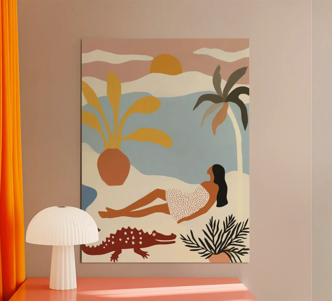 Es wird Abend am Pool | Naive Urlaubsfantasie Poster mit Holzrahmen von Autofocus