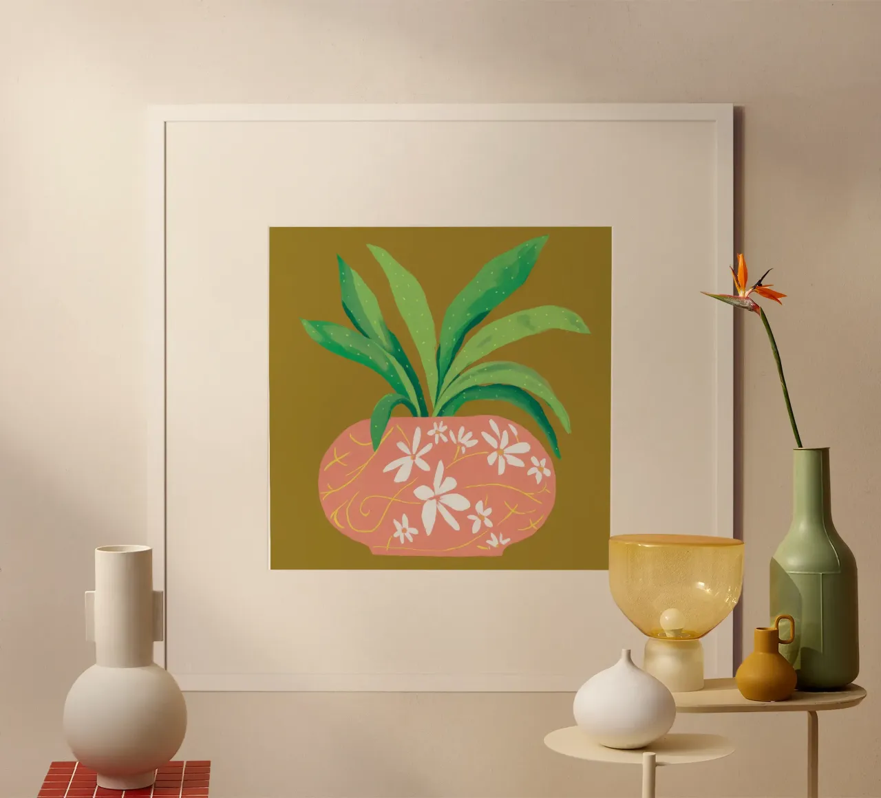 Verdure in vaso rosa poster con telaio in alluminio da Lumie Layers