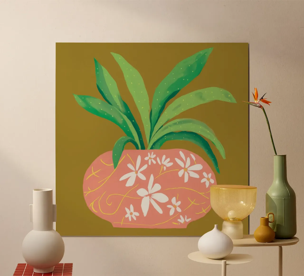 Verdure in vaso rosa poster con telaio in alluminio da Lumie Layers