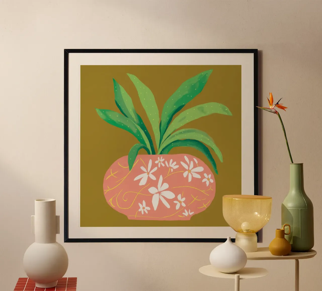 Verdure in vaso rosa poster con telaio in alluminio da Lumie Layers