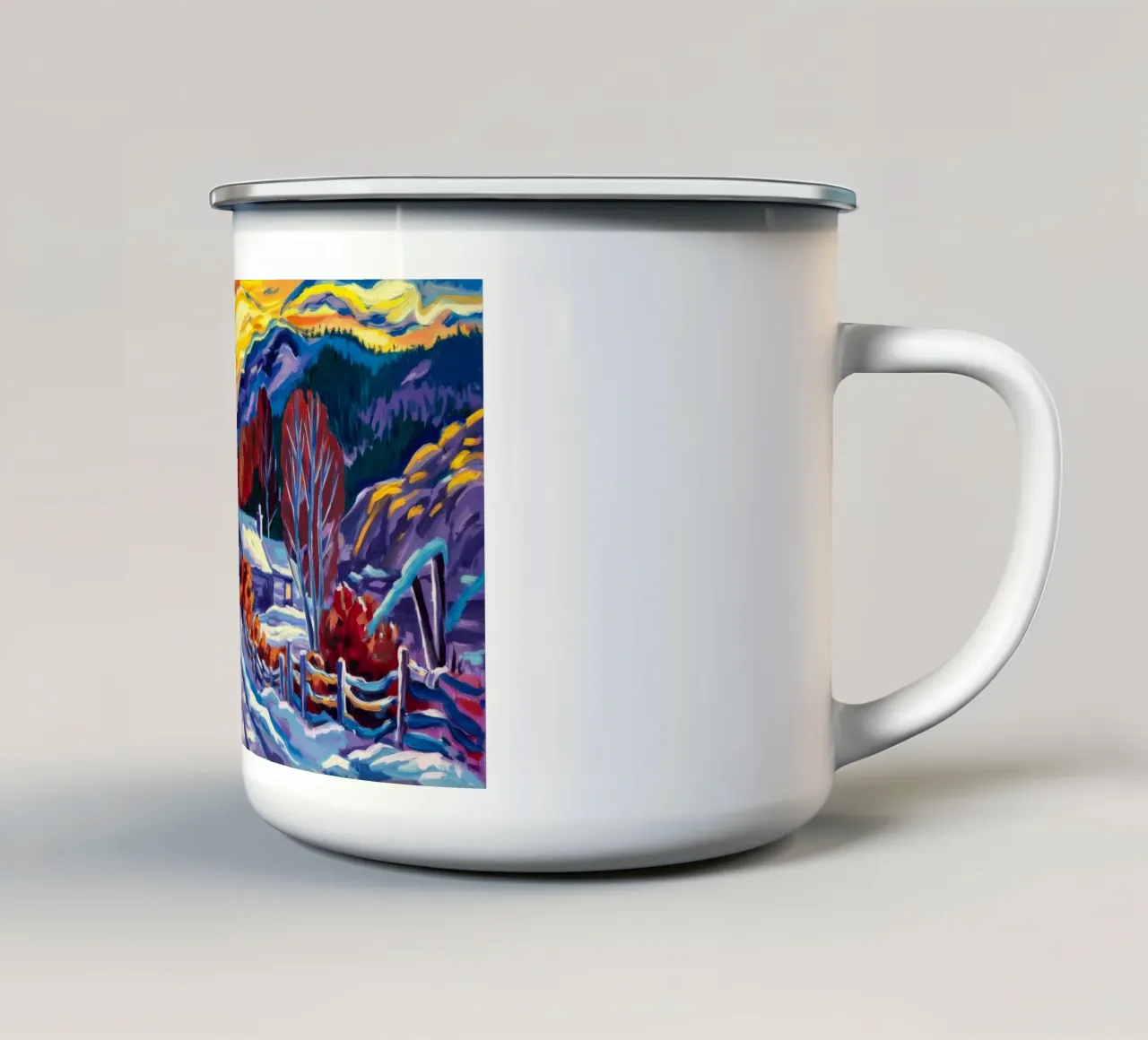 Passaggio al tramonto innevato tazza in smalto da Lush Essence