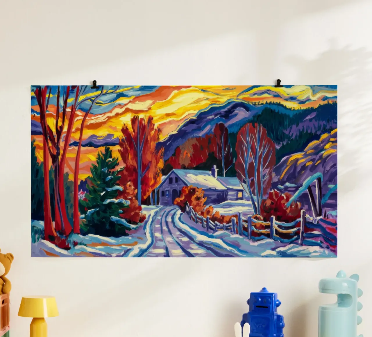Passaggio al tramonto innevato poster da Lush Essence