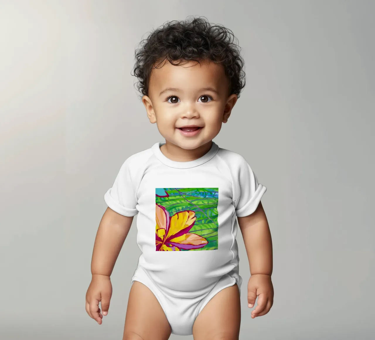 Tropical Bloom Burst short-sleeve baby romper by Vivid Reverie
