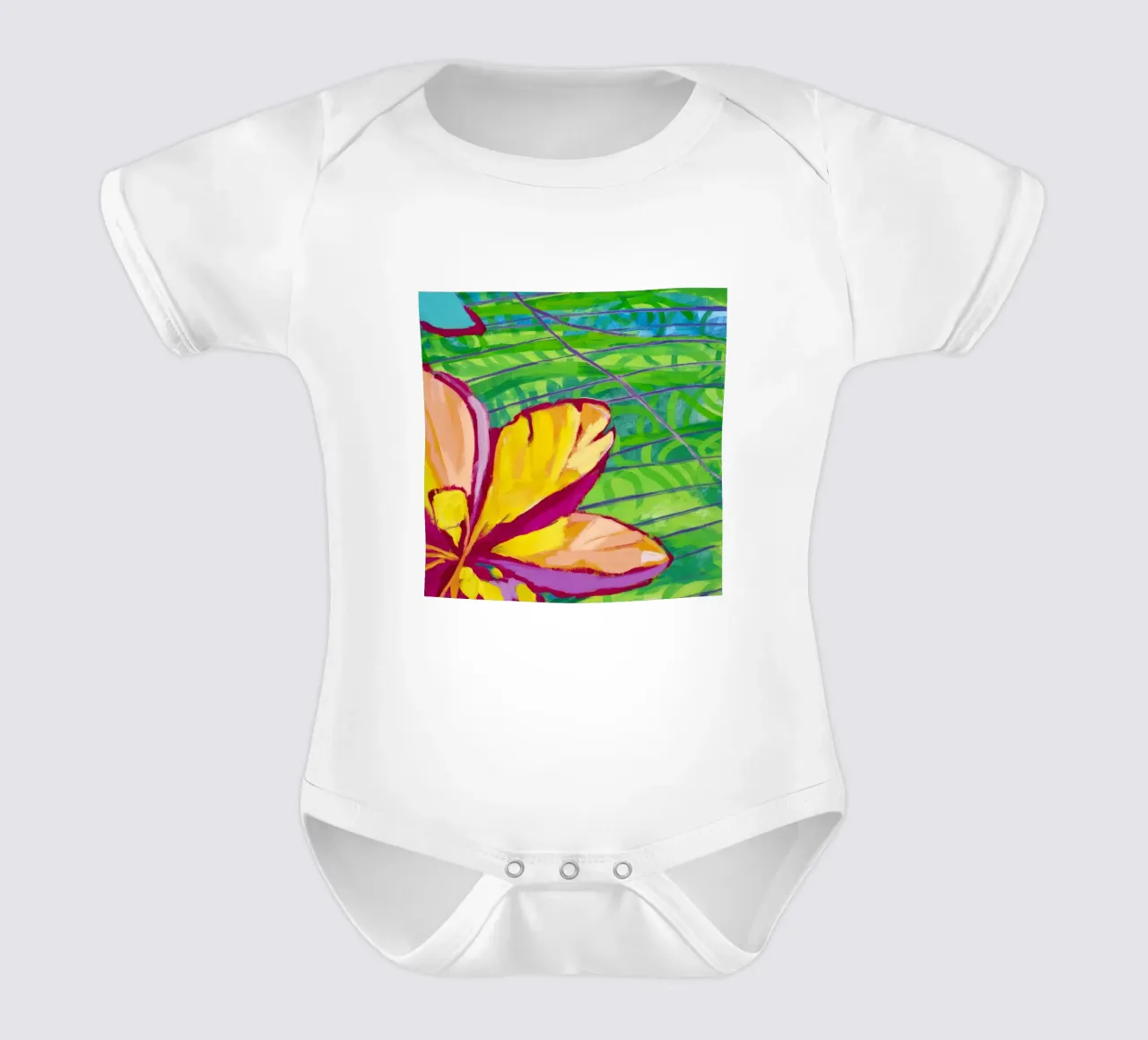 Tropical Bloom Burst short-sleeve baby romper by Vivid Reverie