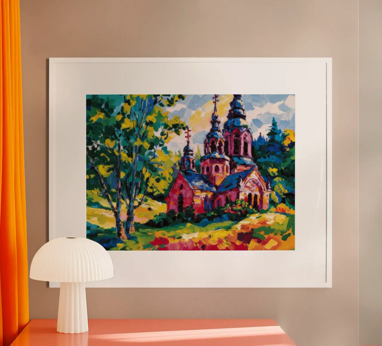 Fioritura della chiesa di Vermillion poster con telaio in legno da Lush Essence