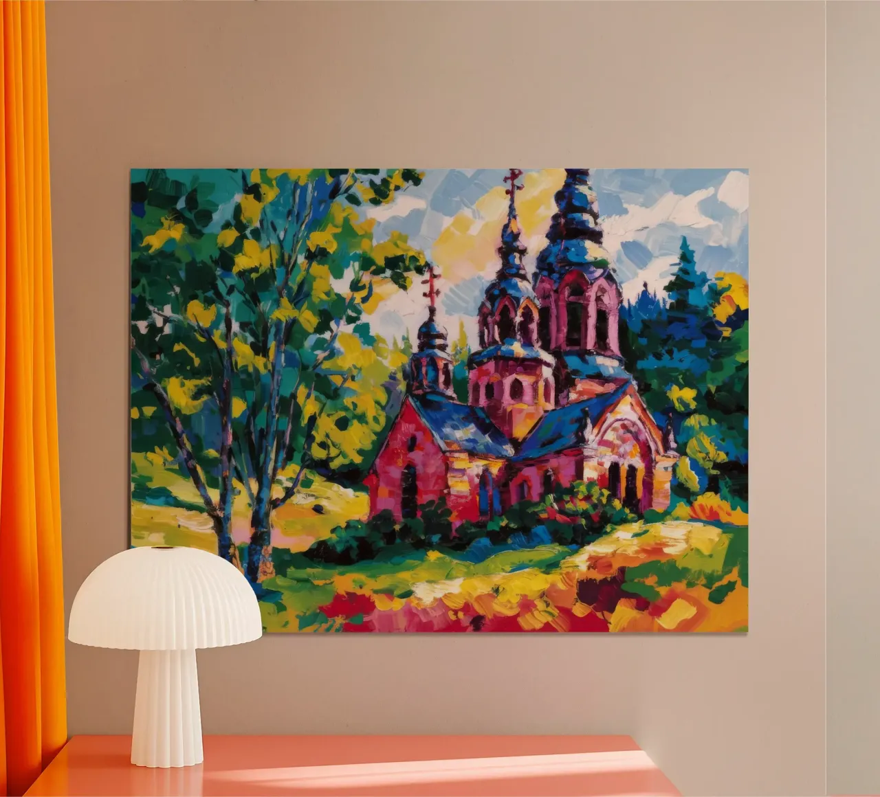 Fioritura della chiesa di Vermillion poster con telaio in legno da Lush Essence