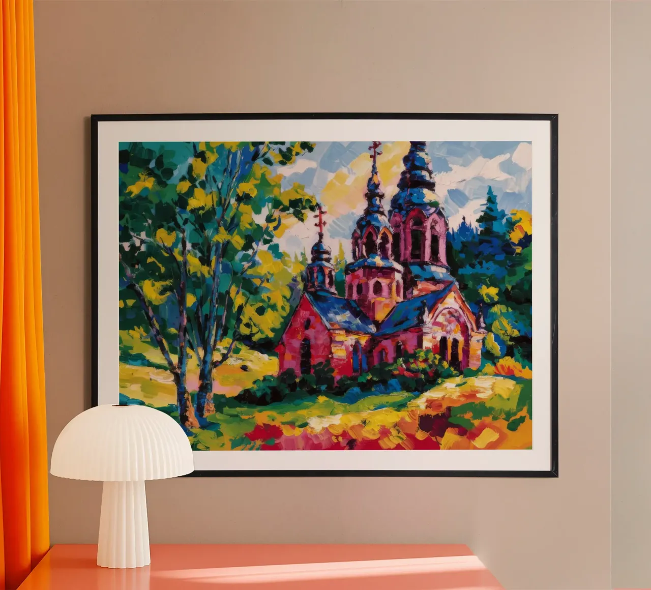 Fioritura della chiesa di Vermillion poster con telaio in legno da Lush Essence