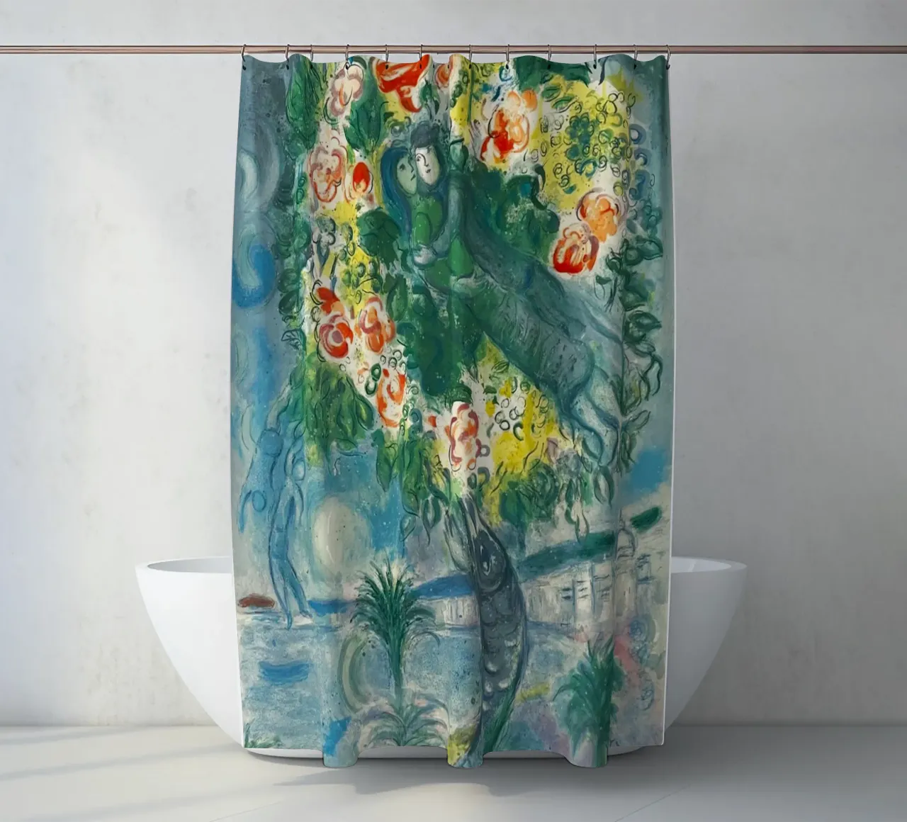Charles Sorlier after Marc Chagall Couple and Fish shower curtain by Cindy Cronin