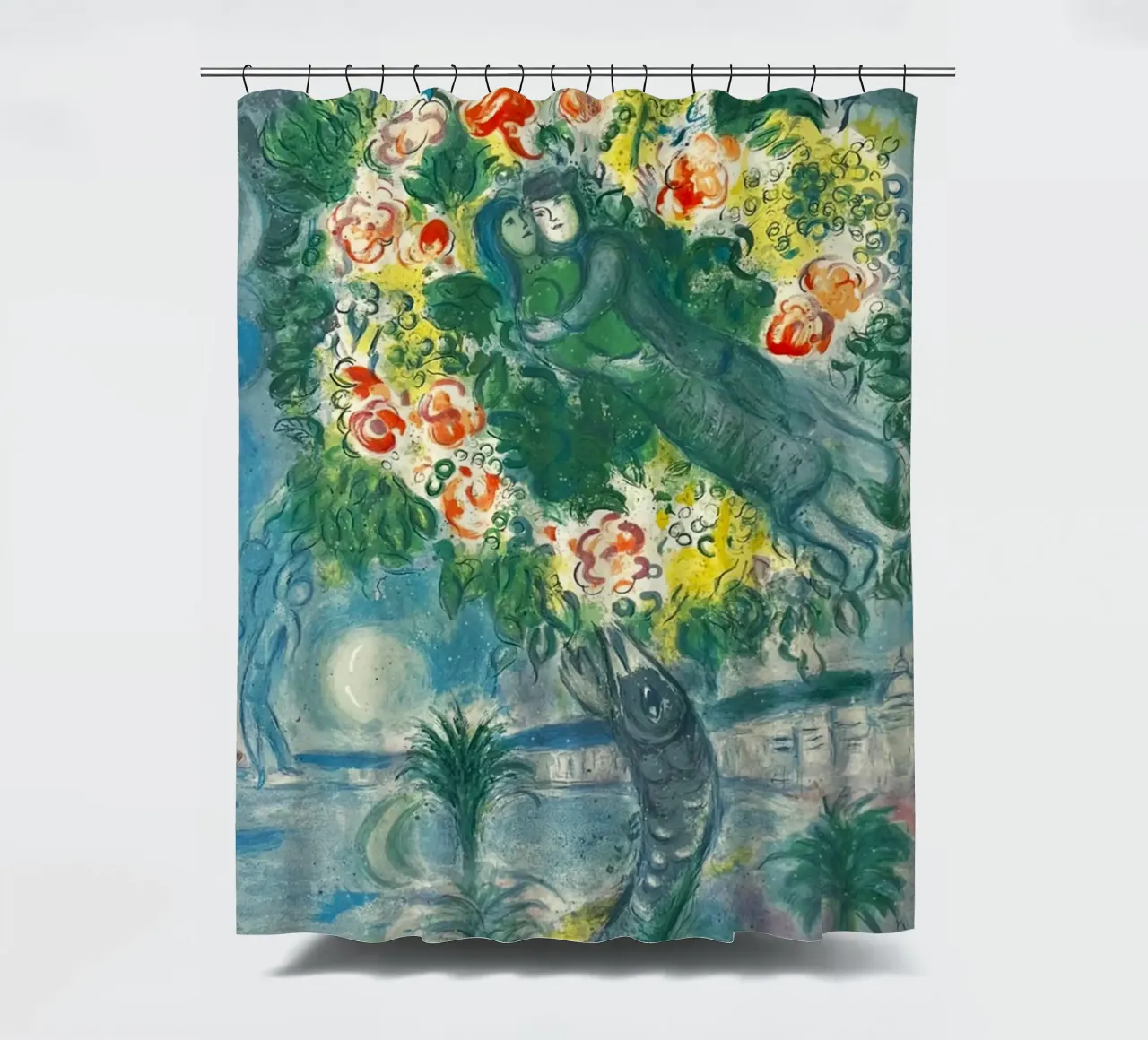 Charles Sorlier after Marc Chagall Couple and Fish shower curtain by Cindy Cronin
