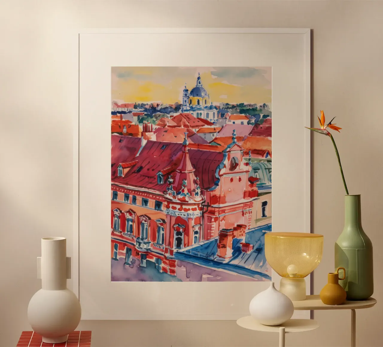 Il panorama urbano sul tetto poster con telaio in legno da Lush Essence