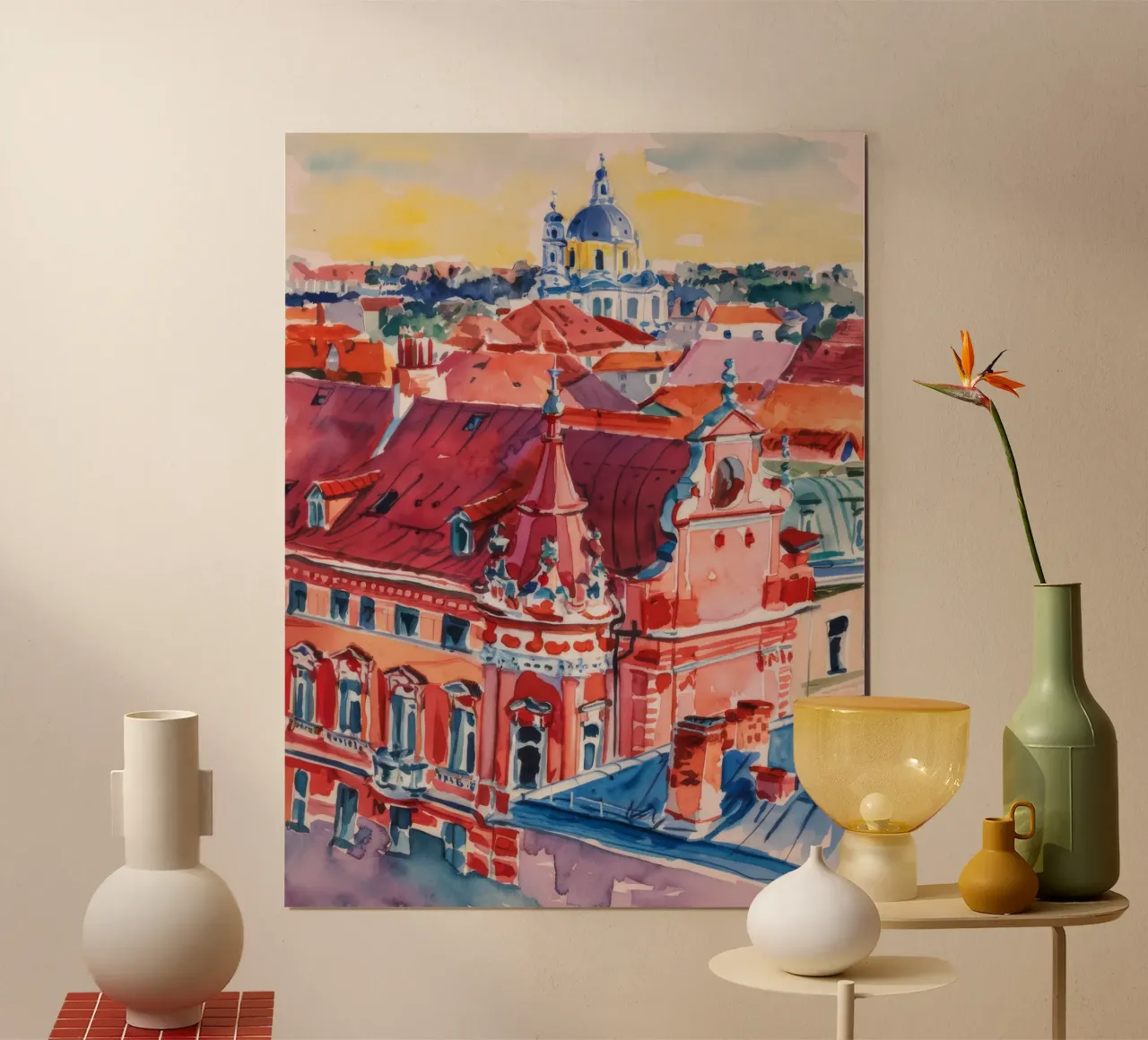 Il panorama urbano sul tetto poster con telaio in legno da Lush Essence