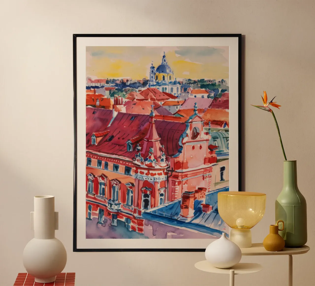 Il panorama urbano sul tetto poster con telaio in legno da Lush Essence