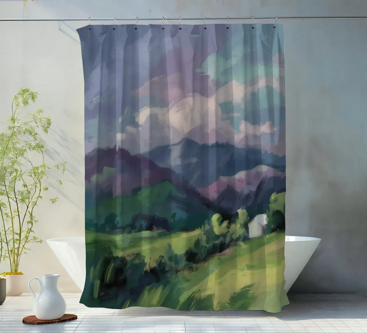 Verdant Hills Embrace shower curtain by Radiance Landscape