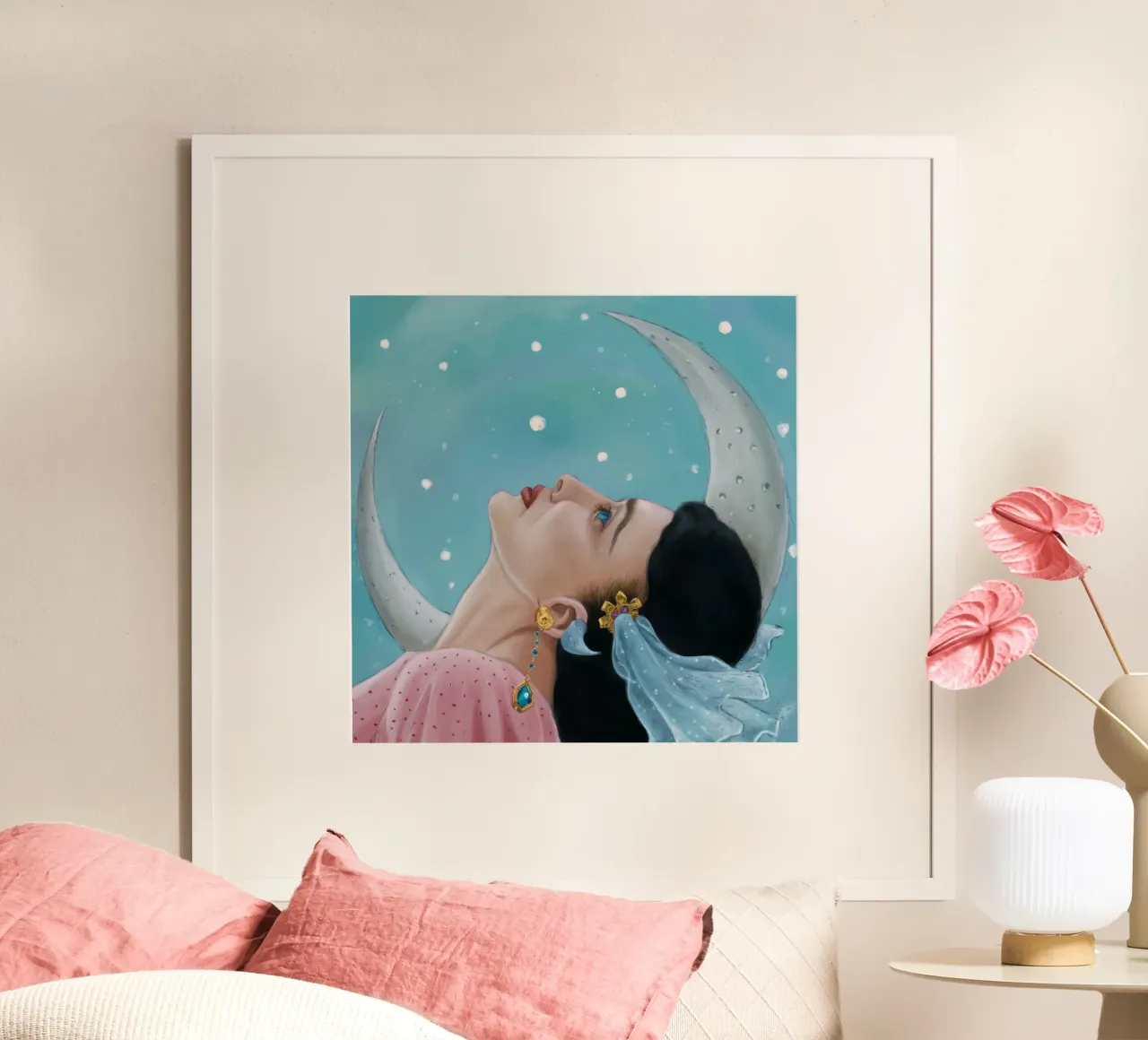 Adorazione dello sguardo lunare poster con telaio in legno da Vivid Reverie
