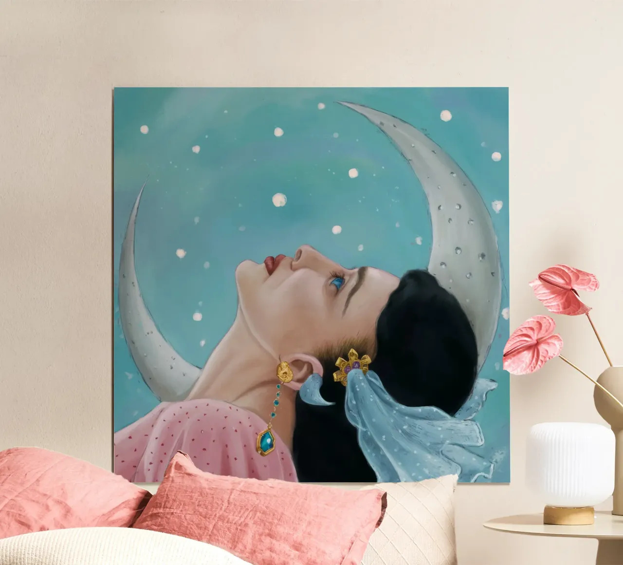 Adorazione dello sguardo lunare poster con telaio in legno da Vivid Reverie