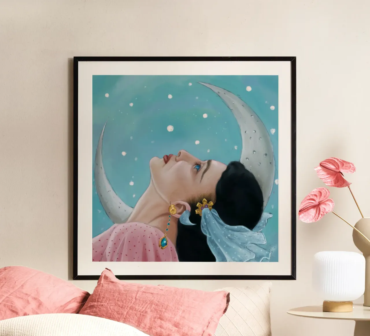 Adorazione dello sguardo lunare poster con telaio in legno da Vivid Reverie