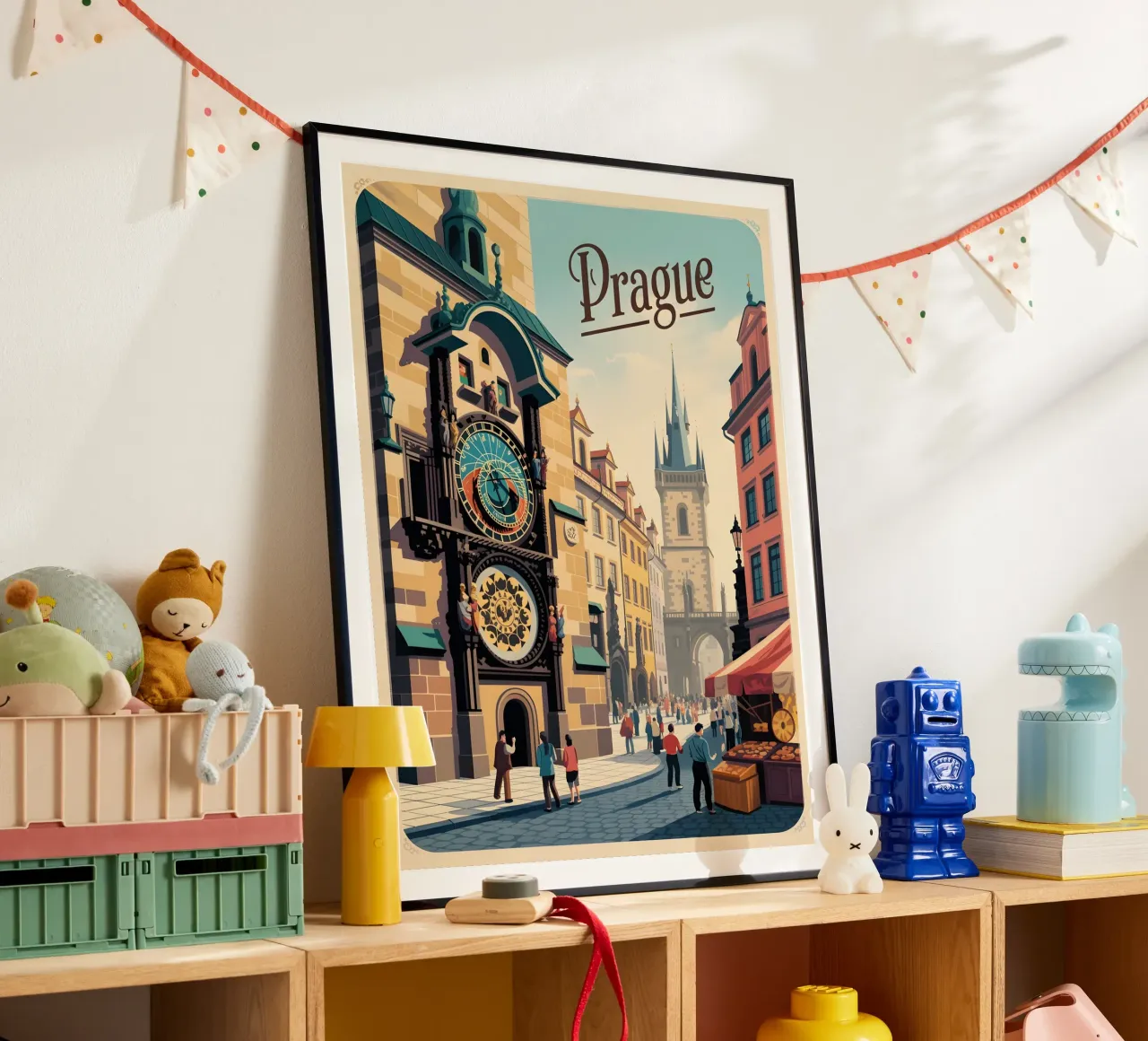 Orologio astronomico di Praga Poster di viaggio d'epoca poster con telaio in alluminio da Vintage Travel Art