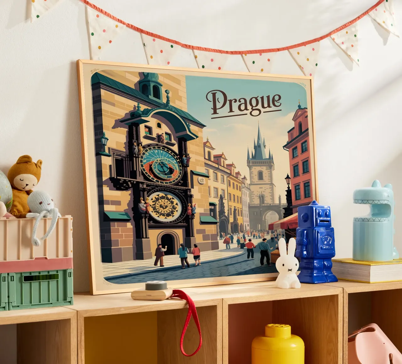 Orologio astronomico di Praga Poster di viaggio d'epoca poster con telaio in alluminio da Vintage Travel Art