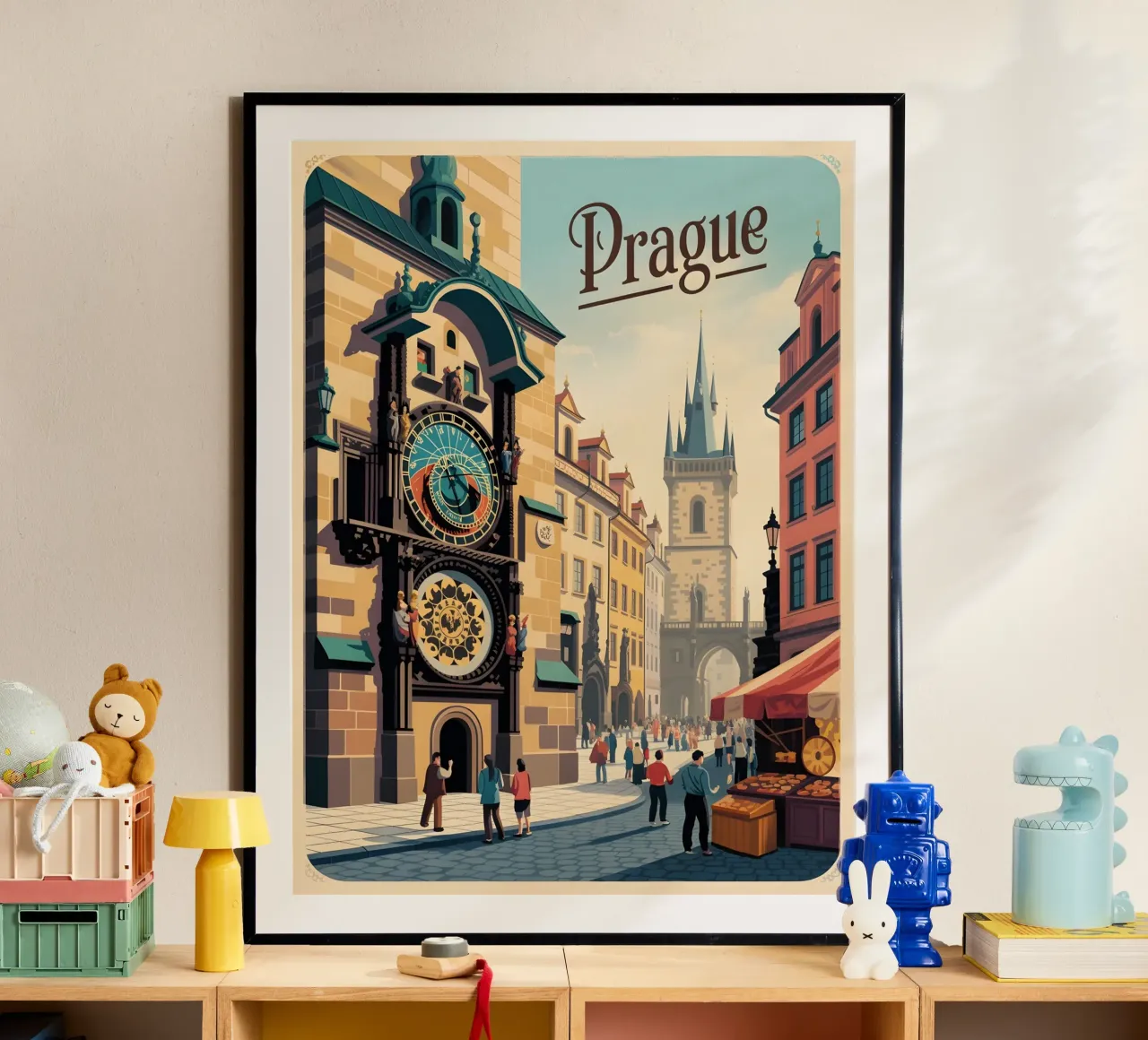 Orologio astronomico di Praga Poster di viaggio d'epoca poster con telaio in alluminio da Vintage Travel Art