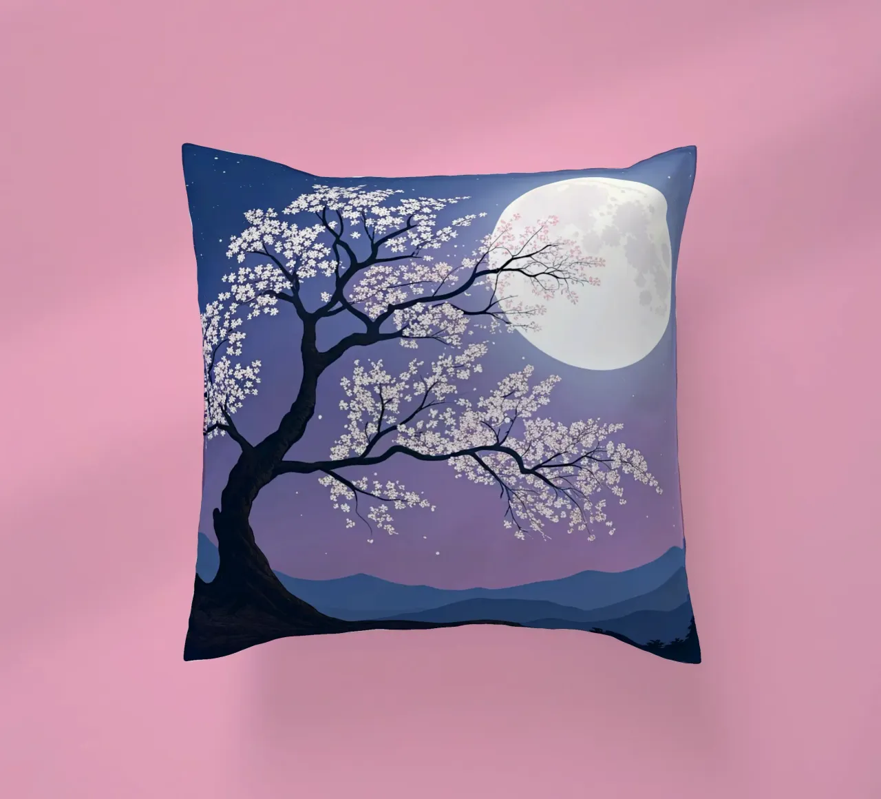 L'abbraccio luminoso della luna piena sui fiori di ciliegio cuscino da Artistic-shop