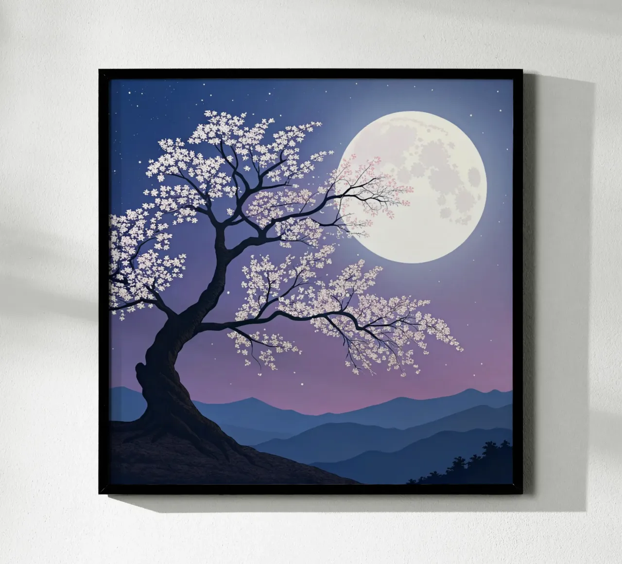 L'abbraccio luminoso della luna piena sui fiori di ciliegio poster con telaio in legno da Artistic-shop