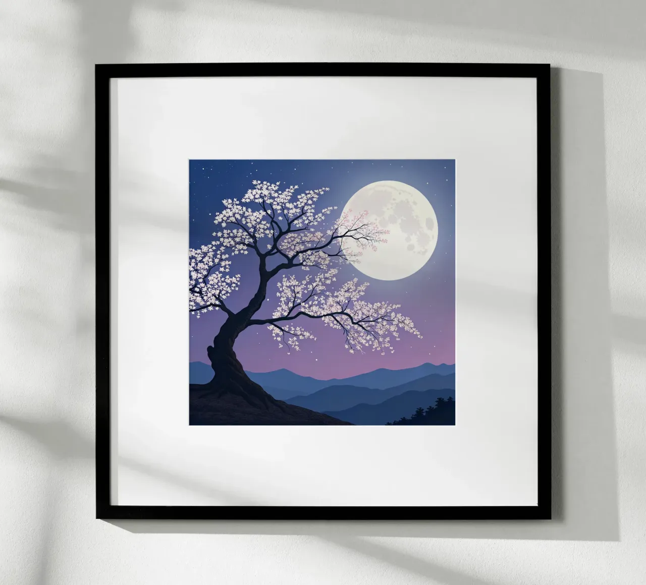 L'abbraccio luminoso della luna piena sui fiori di ciliegio poster con telaio in legno da Artistic-shop