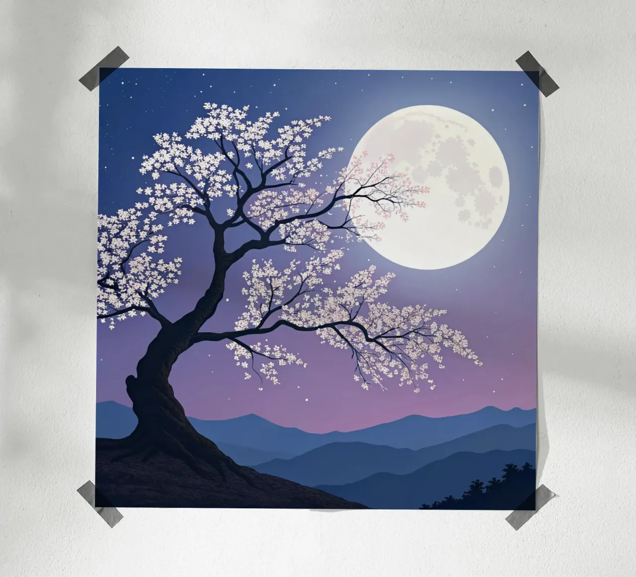L'abbraccio luminoso della luna piena sui fiori di ciliegio poster con telaio in legno da Artistic-shop