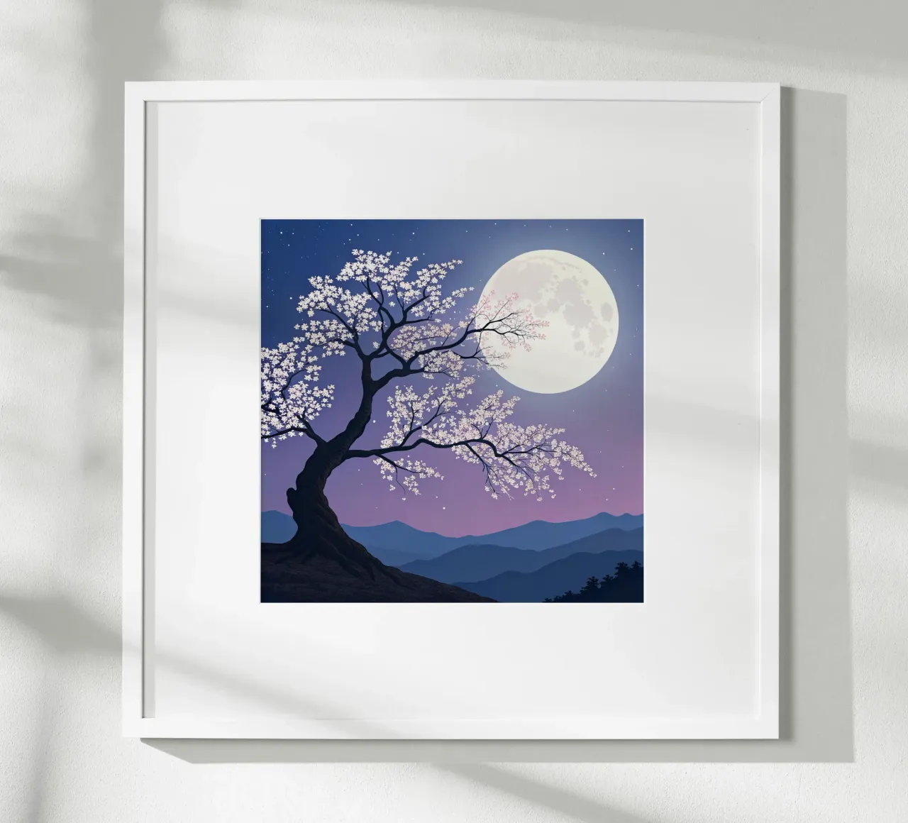 L'abbraccio luminoso della luna piena sui fiori di ciliegio poster con telaio in legno da Artistic-shop
