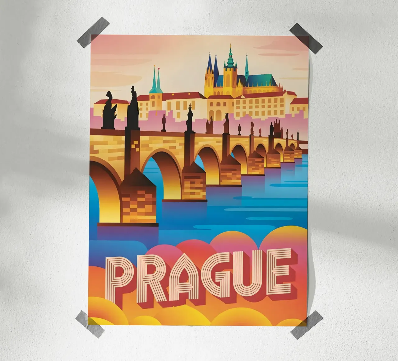 Poster di viaggio vintage retro di Praga poster con telaio in legno da Vintage Travel Art