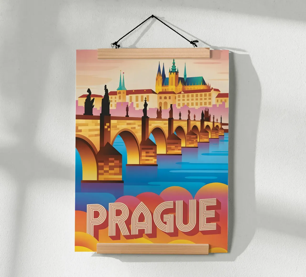 Poster di viaggio vintage retro di Praga poster con telaio in legno da Vintage Travel Art
