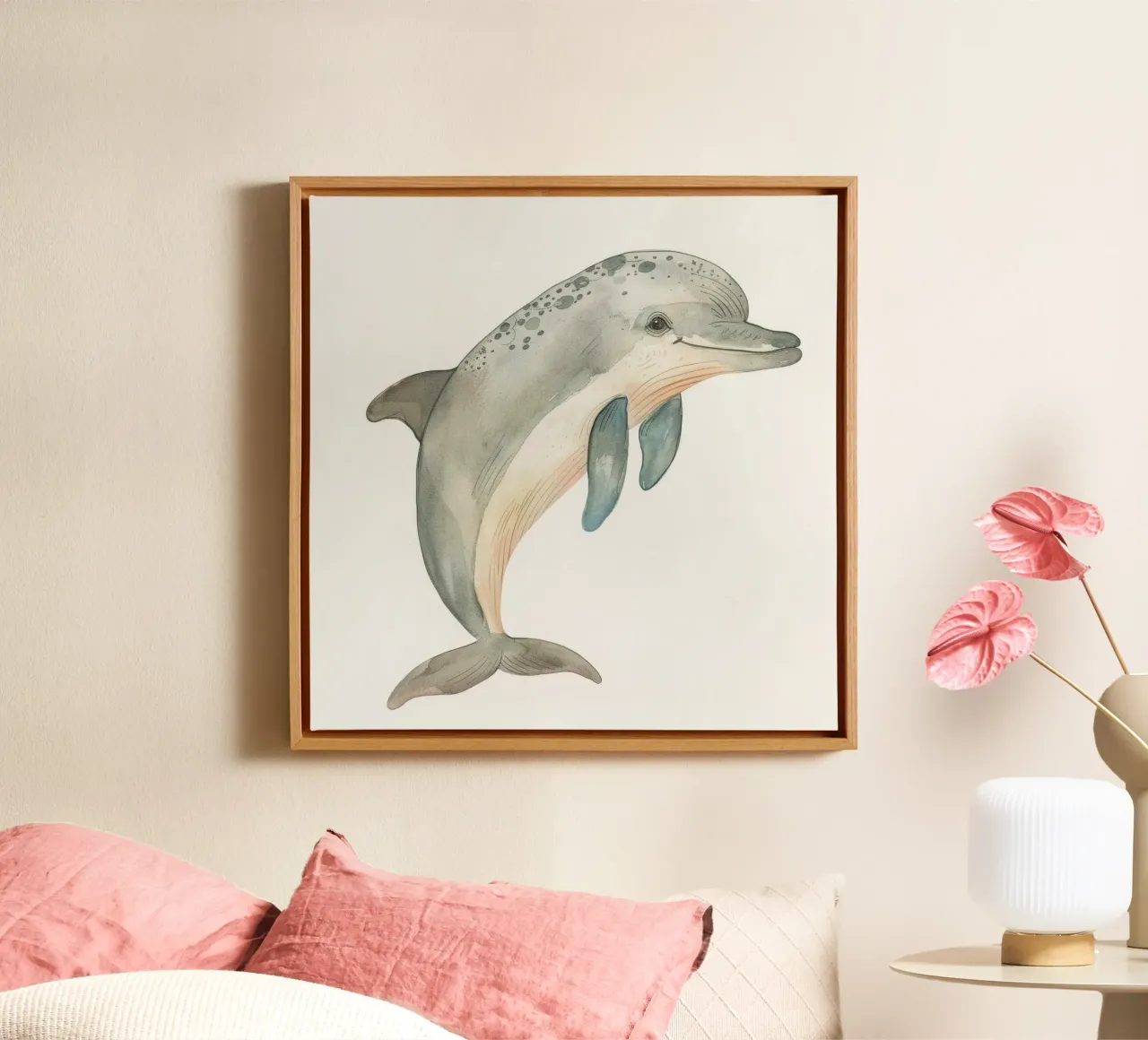 Delfino grazioso - Un delicato esploratore dell'oceano tela con Cornice a cassetta da DesignDoodle