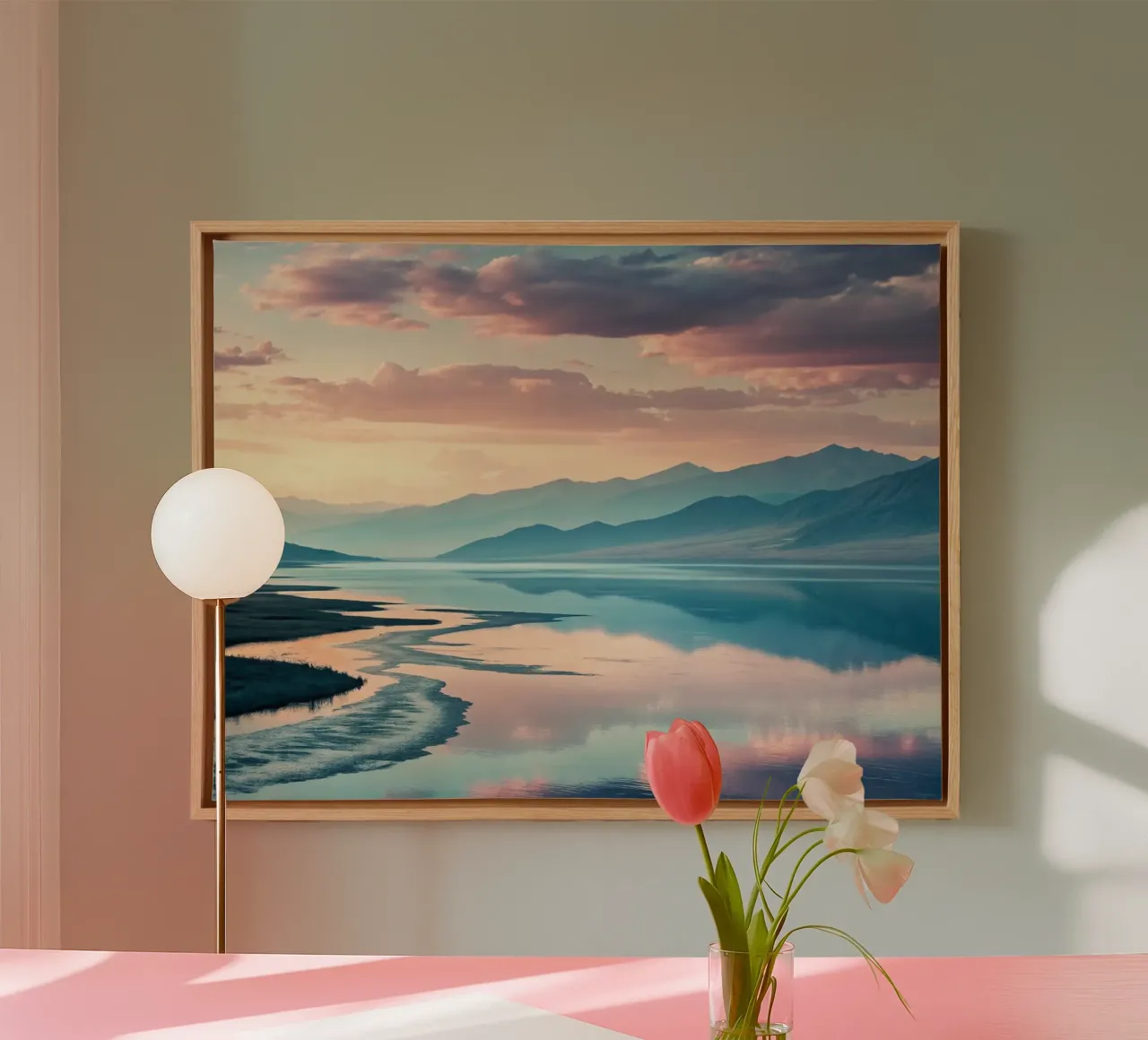 Serene zonsondergang boven mystieke bergen en reflecterend meer canvas met Baklijst van Artistic-shop