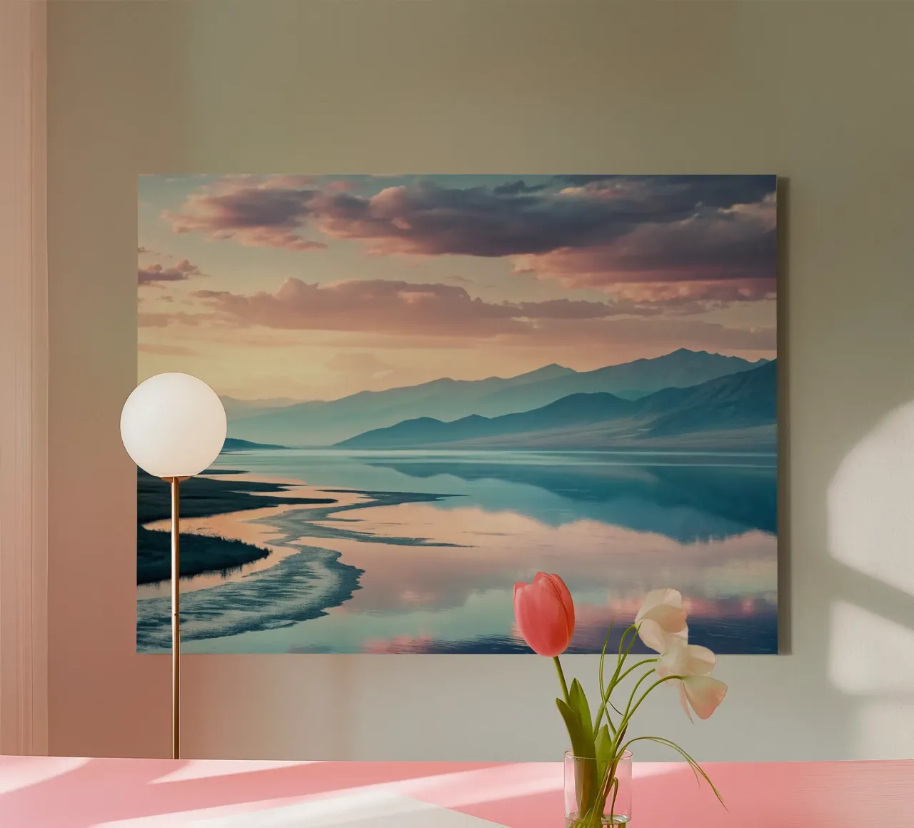 Serene zonsondergang boven mystieke bergen en reflecterend meer canvas met Baklijst van Artistic-shop