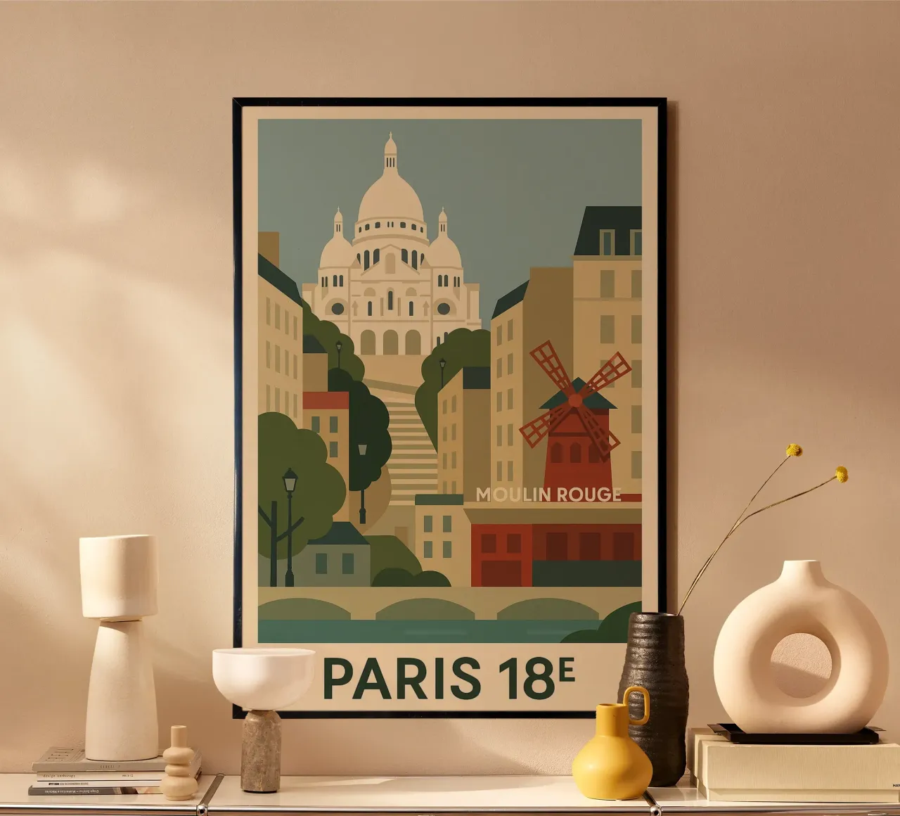 Parigi 18ᵉ - Montmartre e Moulin Rouge poster con telaio in legno da JETLAG | affiches voyage