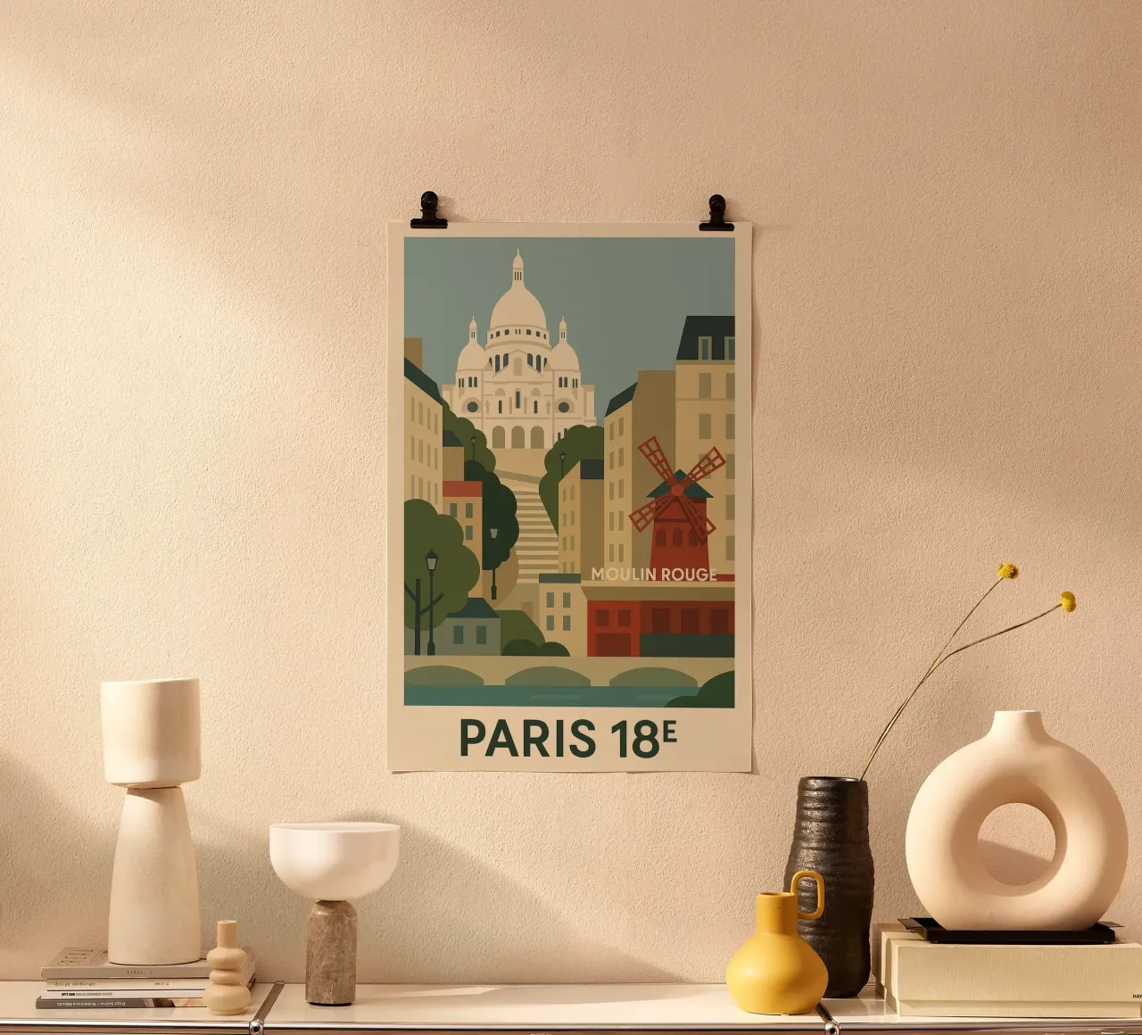 Parigi 18ᵉ - Montmartre e Moulin Rouge poster con telaio in legno da JETLAG | affiches voyage