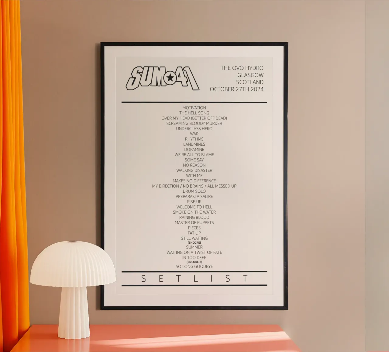 Sum 41 Tour Setlist Glasgow Scotland poster con telaio in plastica da lindacleveland