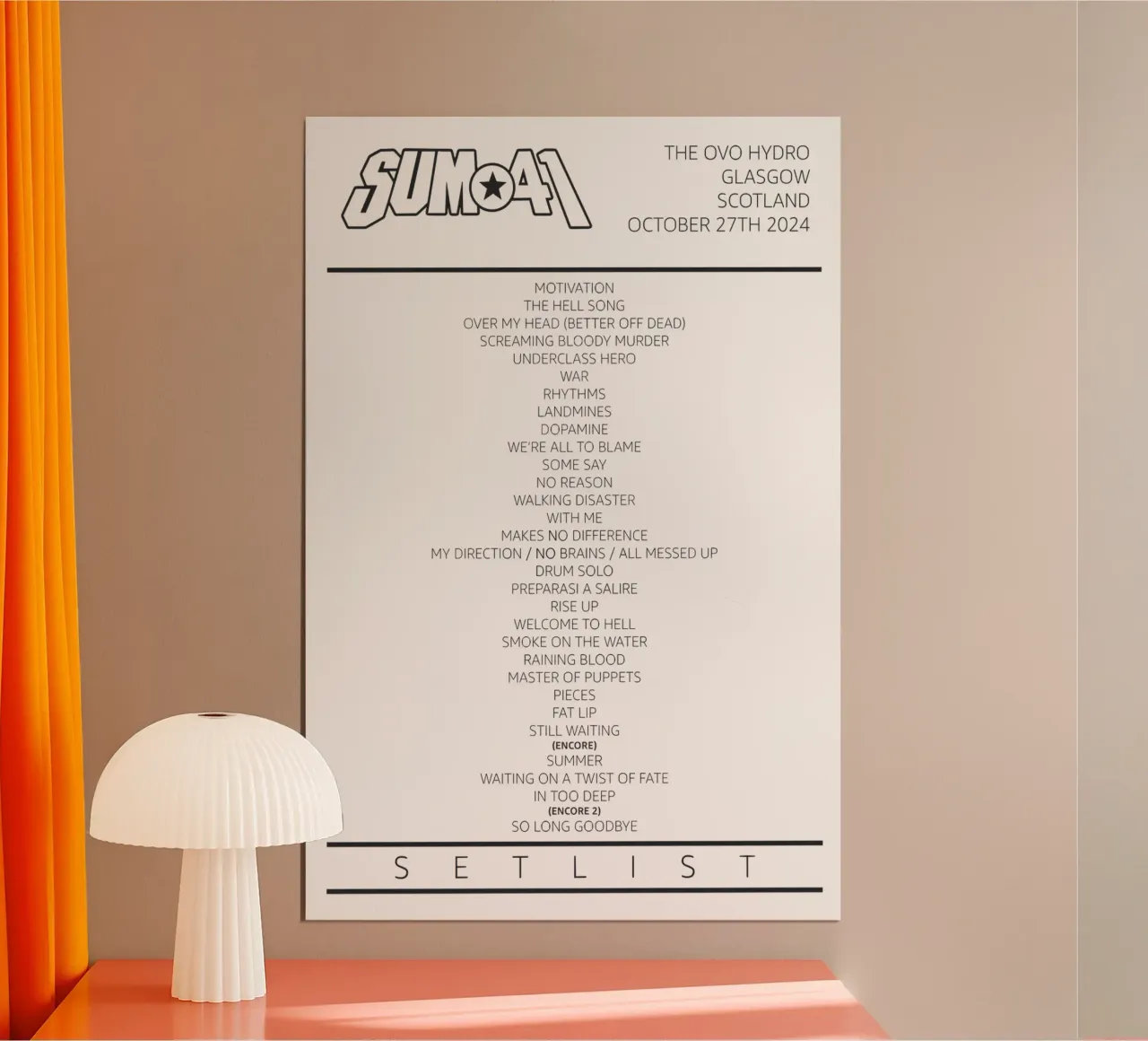 Sum 41 Tour Setlist Glasgow Scotland poster van lindacleveland