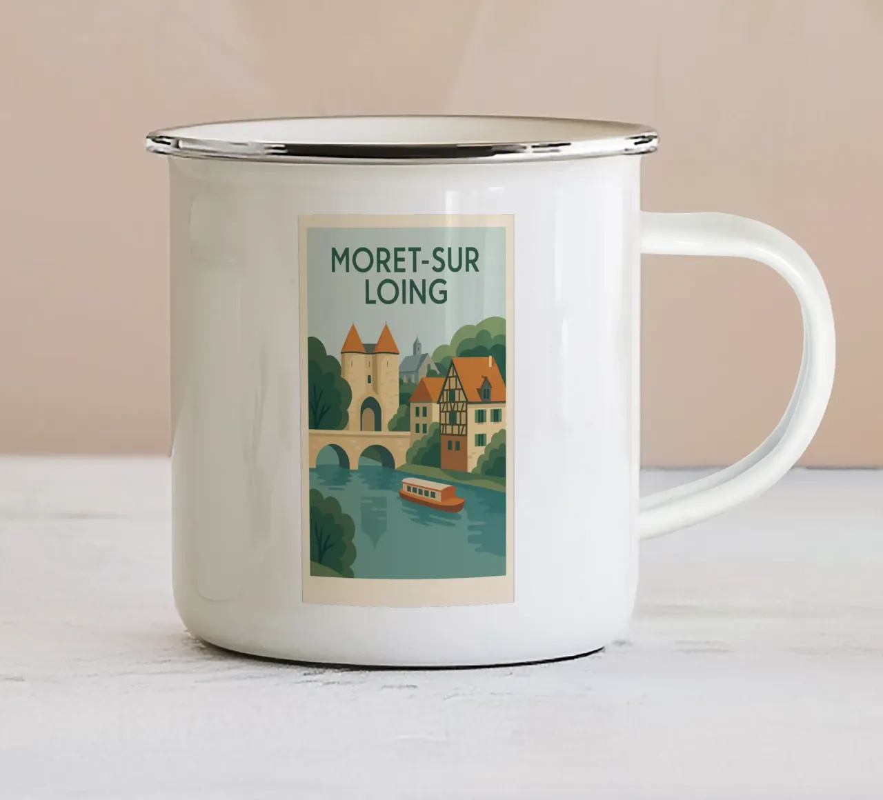 Moret-sur-Loing - La serenità del fiume alla francese tazza in smalto da JETLAG | affiches voyage