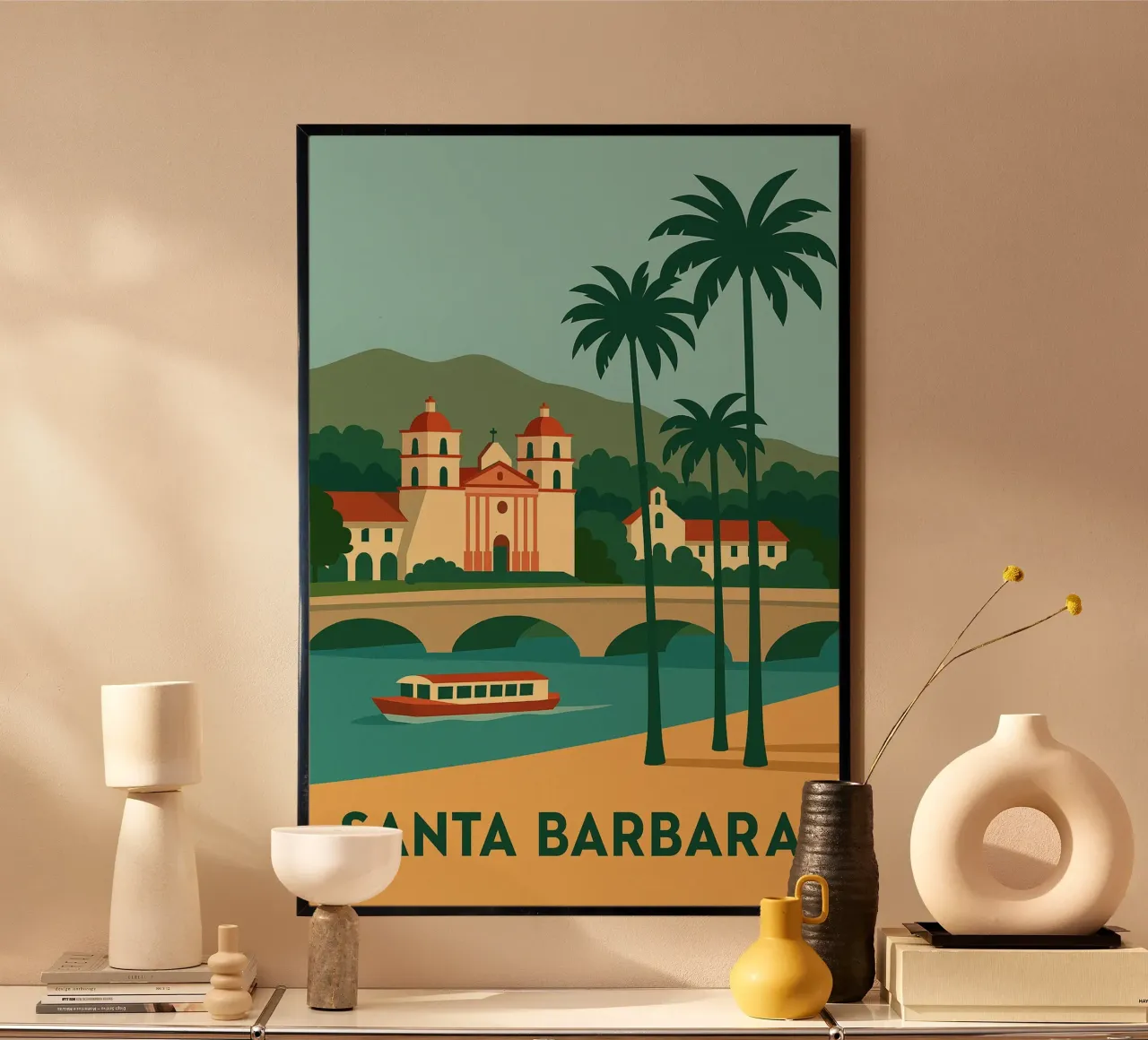 Santa Barbara - Mission, Palm trees e Golden Beach poster con telaio in alluminio da JETLAG | affiches voyage