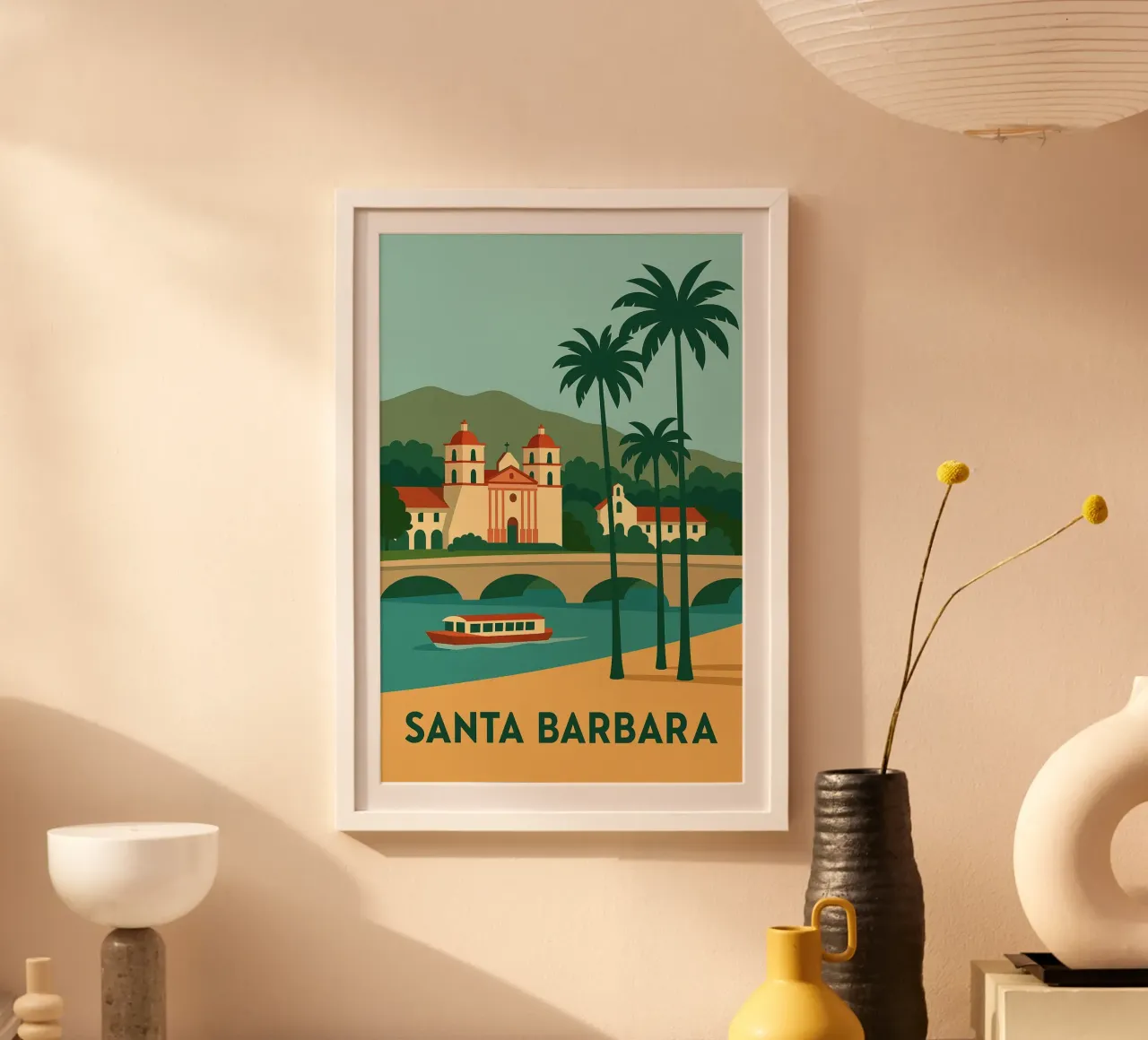 Santa Barbara - Mission, Palm trees e Golden Beach poster con telaio in alluminio da JETLAG | affiches voyage