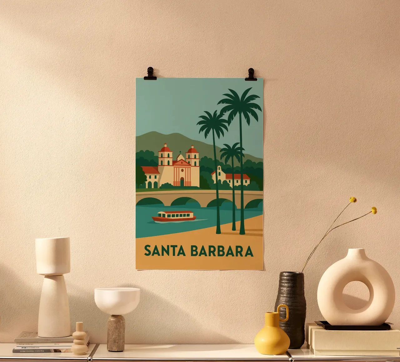 Santa Barbara - Mission, Palm trees e Golden Beach poster con telaio in alluminio da JETLAG | affiches voyage