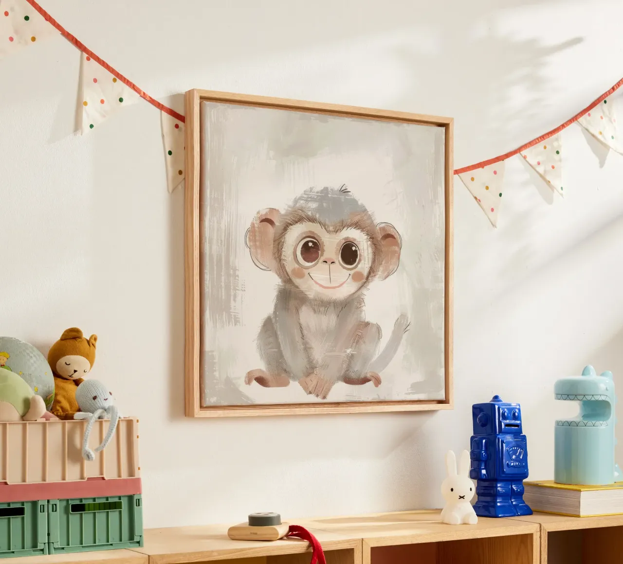 Fröhlicher junger Affe - ein lebensfroher Dschungelgefährte Leinwand mit Schattenfugenrahmen von DesignDoodle