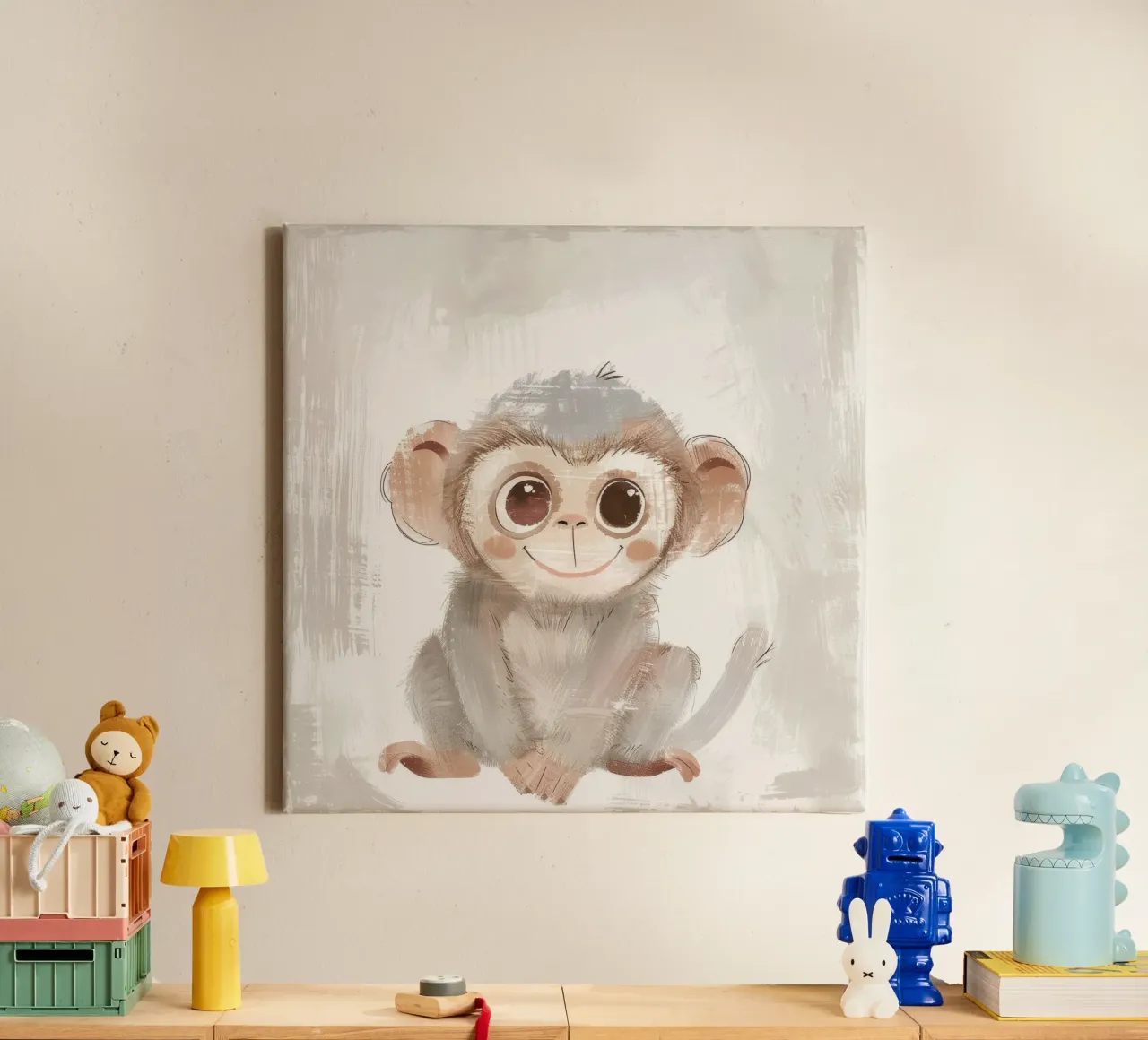 Fröhlicher junger Affe - ein lebensfroher Dschungelgefährte Leinwand mit Schattenfugenrahmen von DesignDoodle